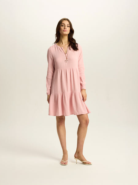 beachlunchlounge Cate Long Sleeve Tiered Cotton Gauze Dress in Dusty Rose at Nordstrom, Size Medium