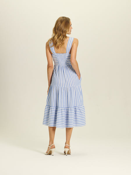 beach lunch lounge dress Women's Lina Linen Wide Strap Midi in Blue Graphite, Small Size:22. 5XL 36-37 Sleeve Fabrication 52% cotton neutralnov25 Ria Twist Back Mini